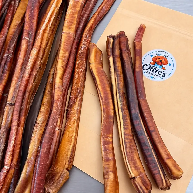 Australian bull pizzle bully sticks beside an Ollieβs Pawtry kraft pouch