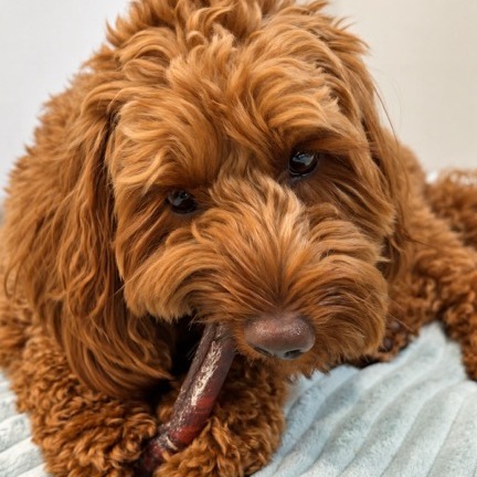 Ollie the cavoodle chewing a bully stick